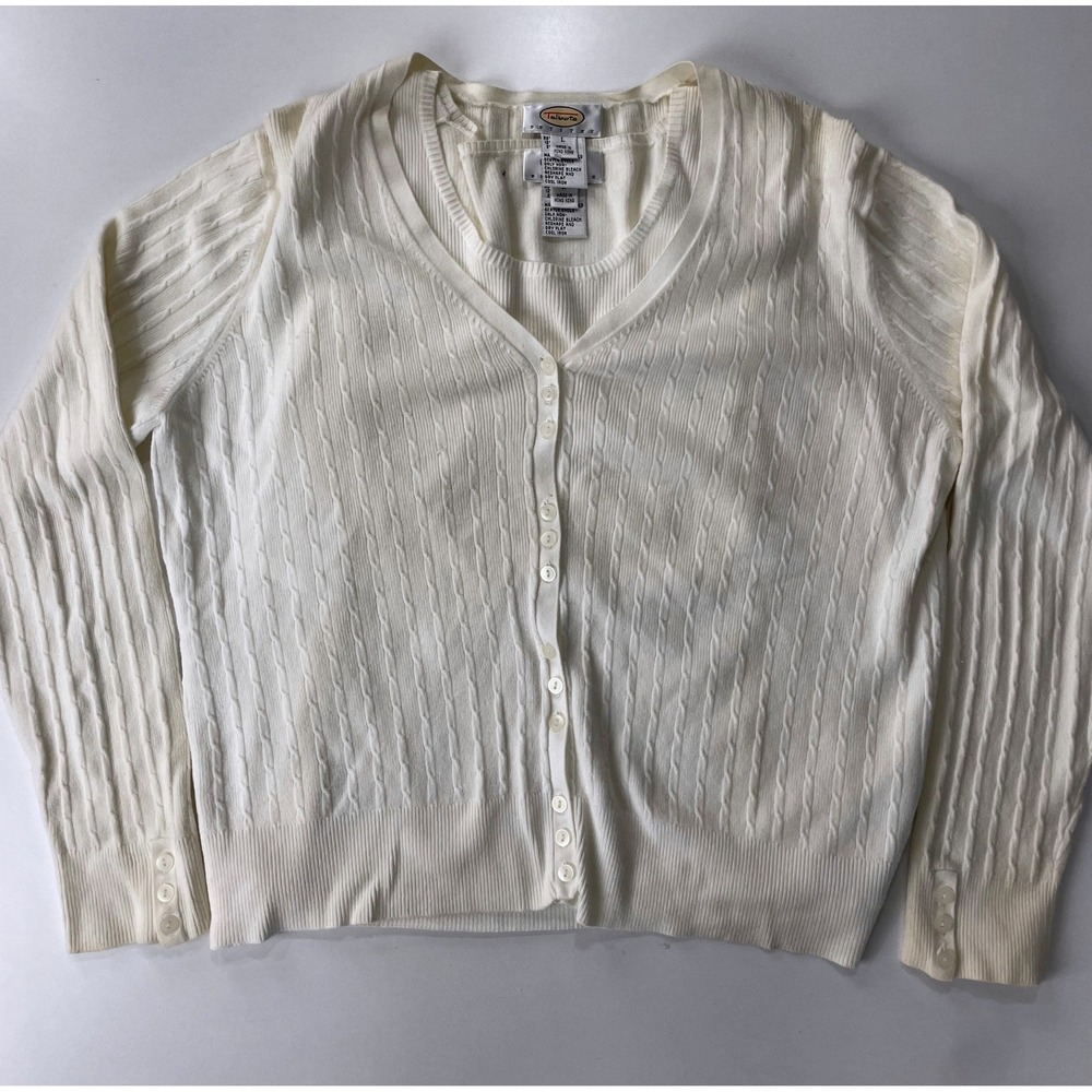 2 piece Set Talbots Petites Cream Knit Cardigan Shell Sleeveless Top Sz Large L - Picture 2 of 8